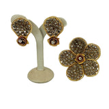 Gold Plated Black Diamond Rhinestone Brooch & Earrings 1950's Vintage