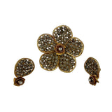 Gold Plated Black Diamond Rhinestone Brooch & Earrings 1950's Vintage