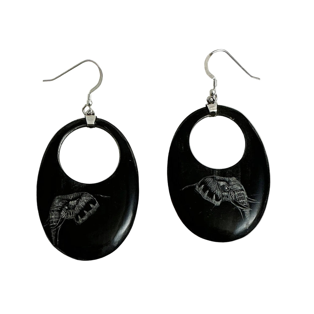 Carved Black Horn Elephant Earrings BOHO