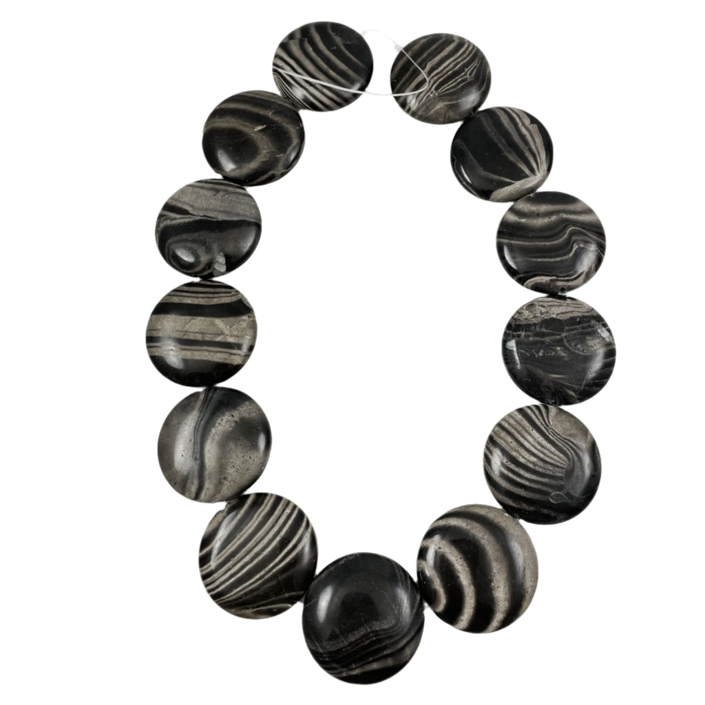 Large Black Wave Jasper Gemstone Coin Beads 30mm
