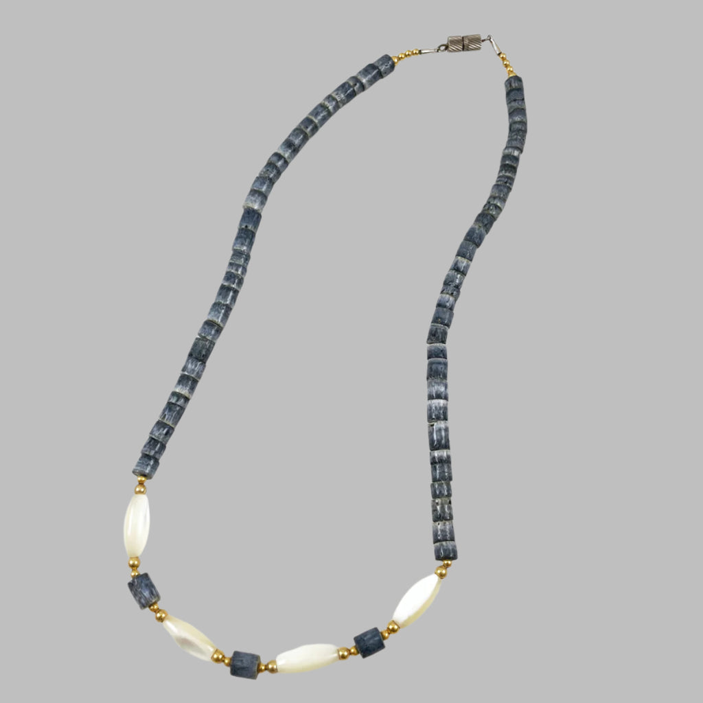 Blue Denim Heishi Coral & Mother of Pearl Necklace