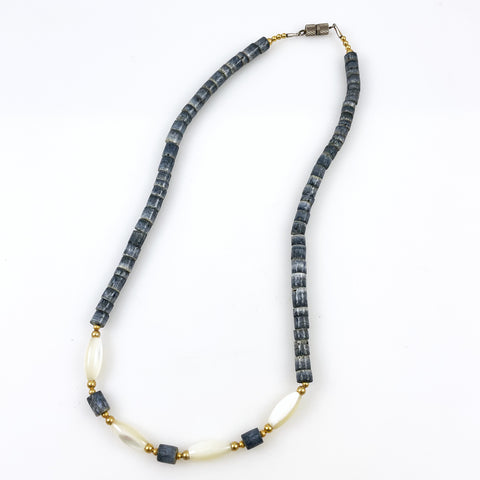 Blue Denim Heishi Coral & Mother of Pearl Necklace