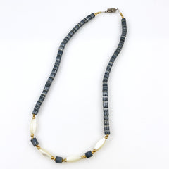 Blue Denim Heishi Coral & Mother of Pearl Necklace Vintage