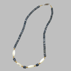 Blue Denim Heishi Coral & Mother of Pearl Necklace Vintage