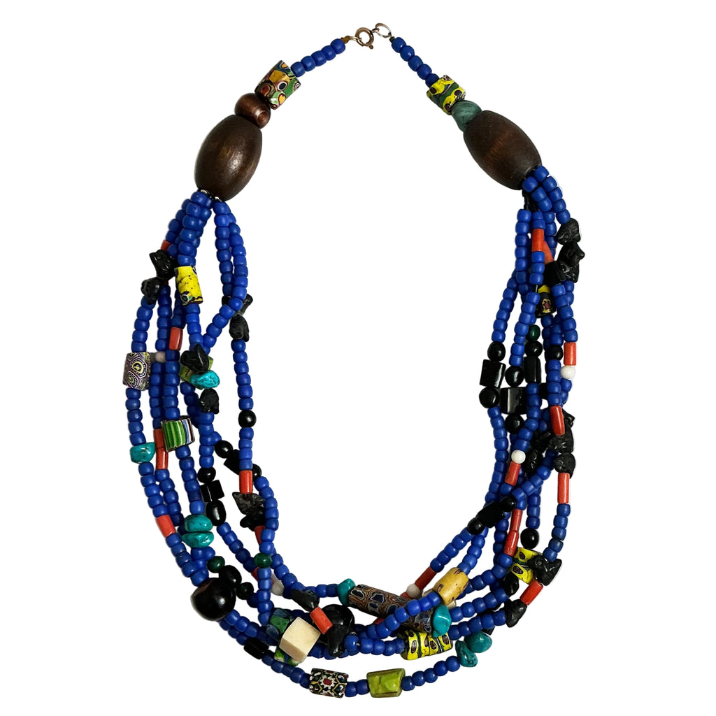 Mixed African Trade Bead Necklace Six Strands Blue