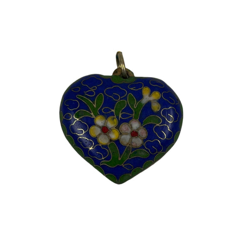 Cloisonne Blue Heart Pendant Vintage Chinese