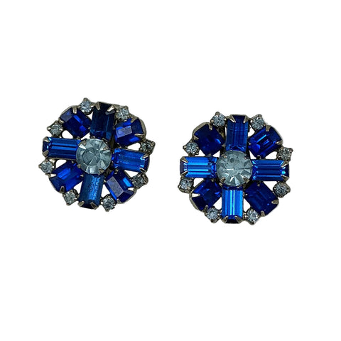 Ble Rhinestone Crystal Cluster Clip On Earrings 1950's Vintage