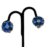 Blue Rhinestone Crystal Cluster Clip On Earrings 1950's Vintage