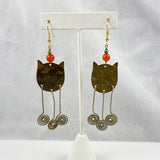 Brass Cat Long Dangle Earrings