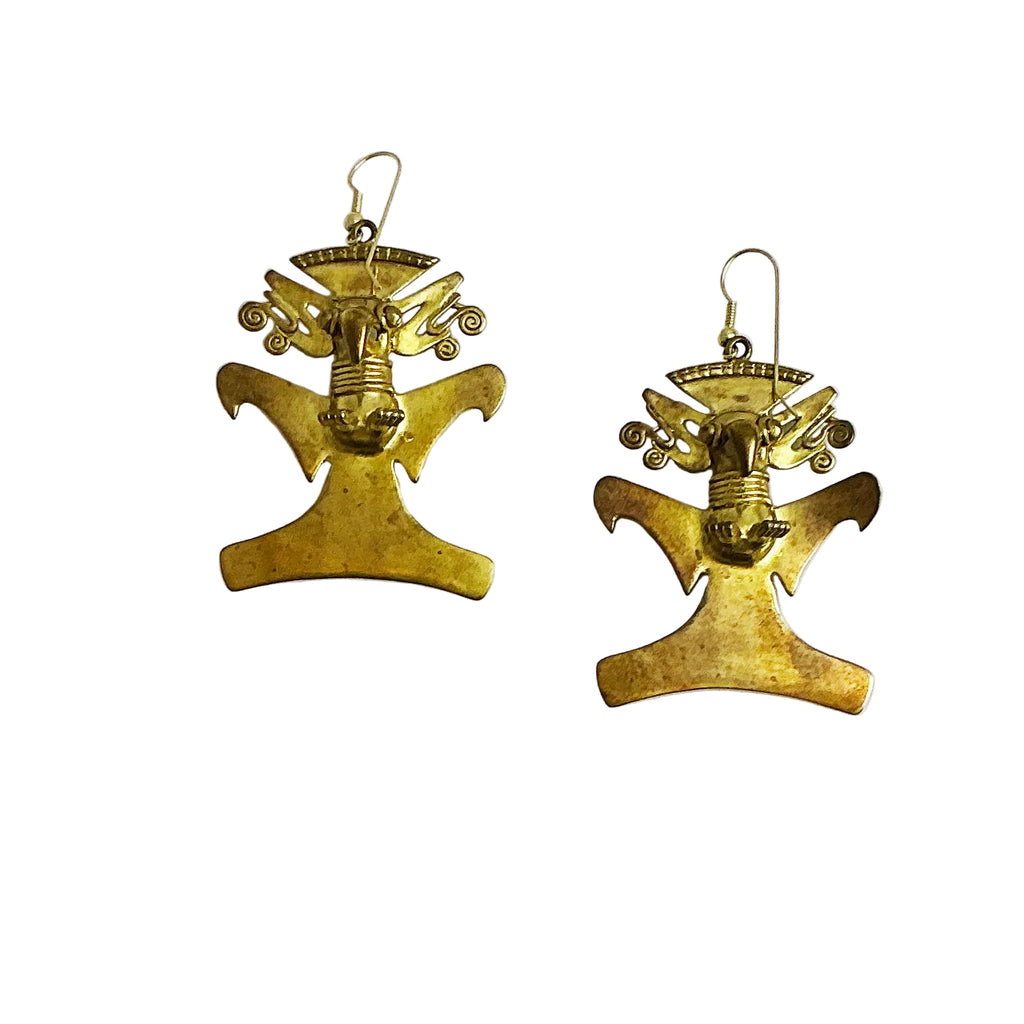 Brass Mayan Pre-Columbian Bird Eagle Replica Earrings