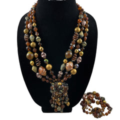 Vintage Brown Gold Glass Beaded Necklace and Bracelet Western German