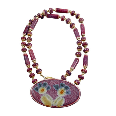 Mauve Ceramic Beaded Floral Necklace Vintage