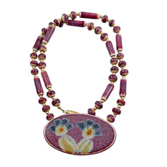 Mauve Ceramic Beaded Floral Necklace Vintage