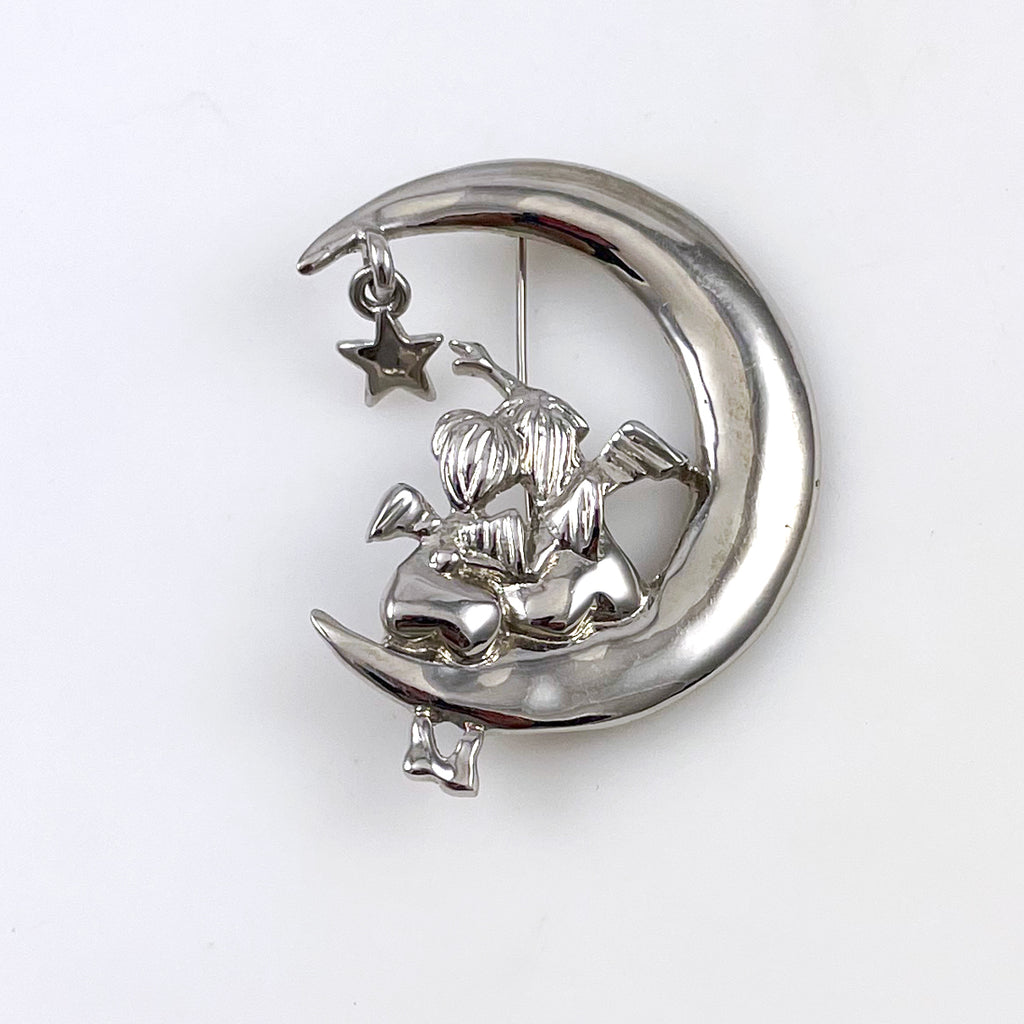 Silver Celestial Brooch With Cherubs Vintage