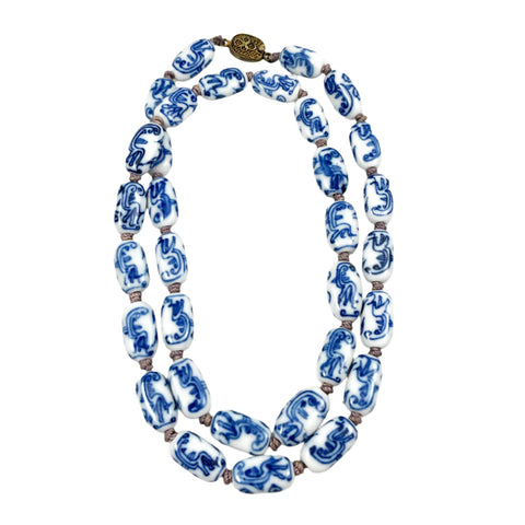 Chinese Blue Porcelain Bead Necklace Vintage