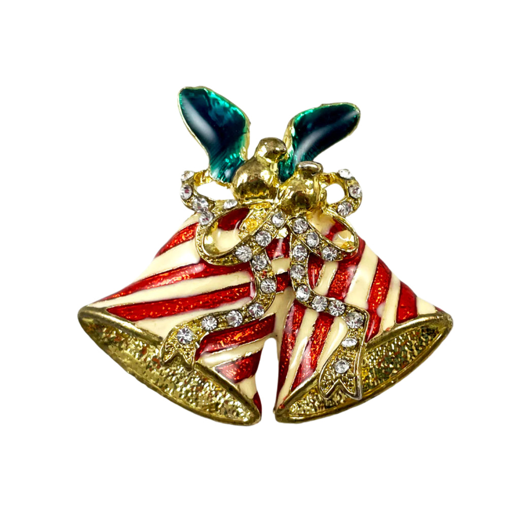 Rhinestone & Enamel Christmas Bells Brooch Holiday Vintage