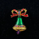Rhinestone & Enamel Christmas Bell Brooch Vintage
