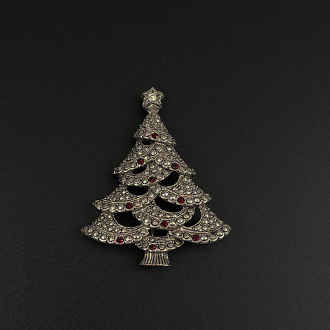 Silver Marcasite & Rhinestone Christmas Tree Pin Vintage