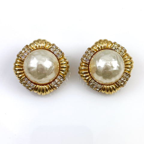Ciner Pearl and Rhinestone Gold Clip On Earrings 