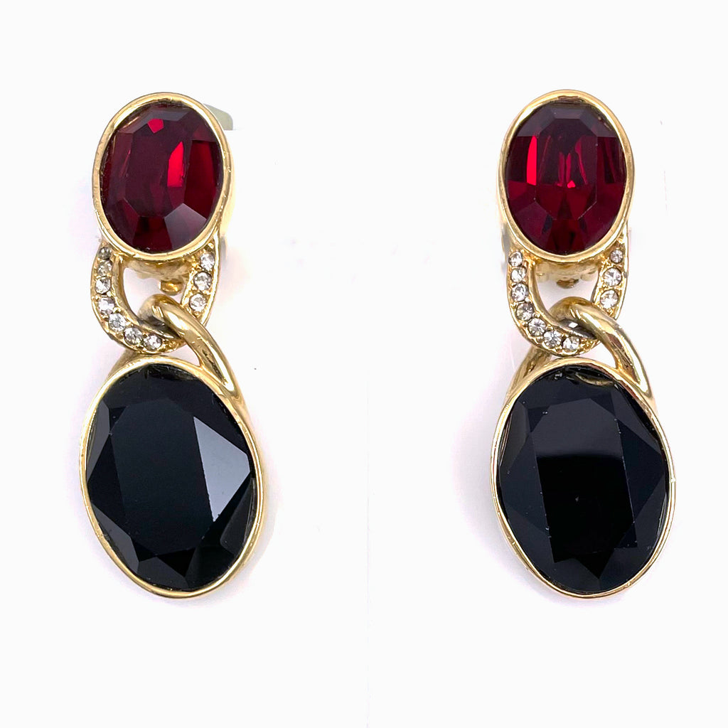 Ciner Red & Black Rhinestone Clip On Earrings Vintage