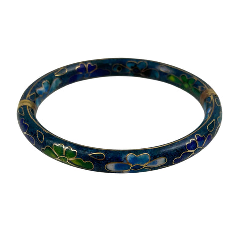 Blue Cloisonne Floral Bangle Bracelet Hinged