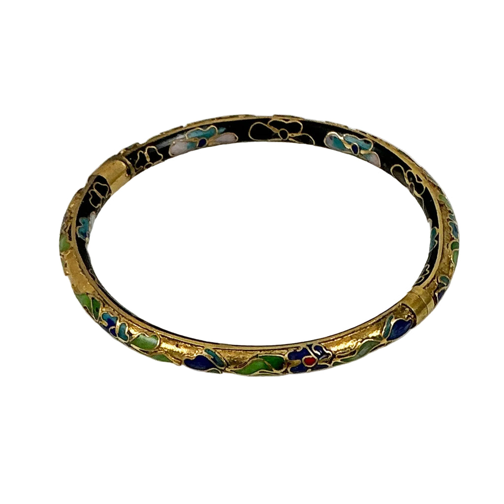 Gold Cloisonne Floral Bangle Bracelet Hinged