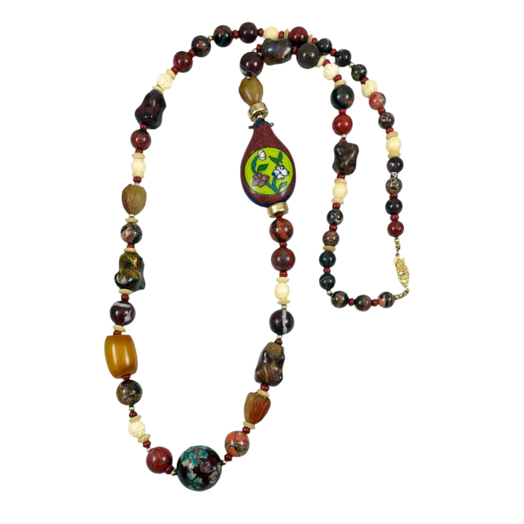 Cloisonne, Gemstone and Bone Beaded Necklace