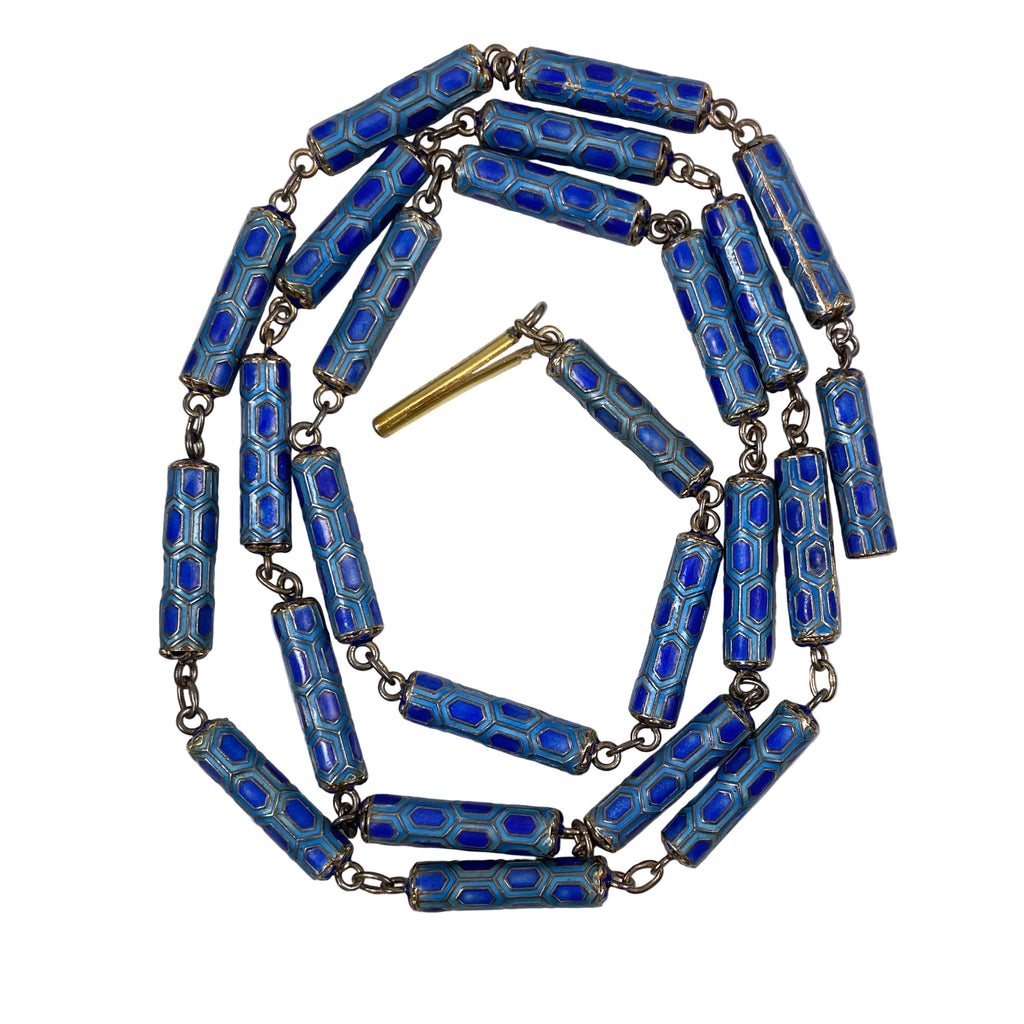Blue Cloisonne Enamel Tubes Beaded Necklace Vintage Chinese