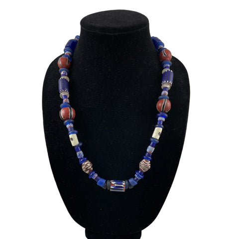 Antique Cobalt Chevron Trade Beads Necklace Blue Red