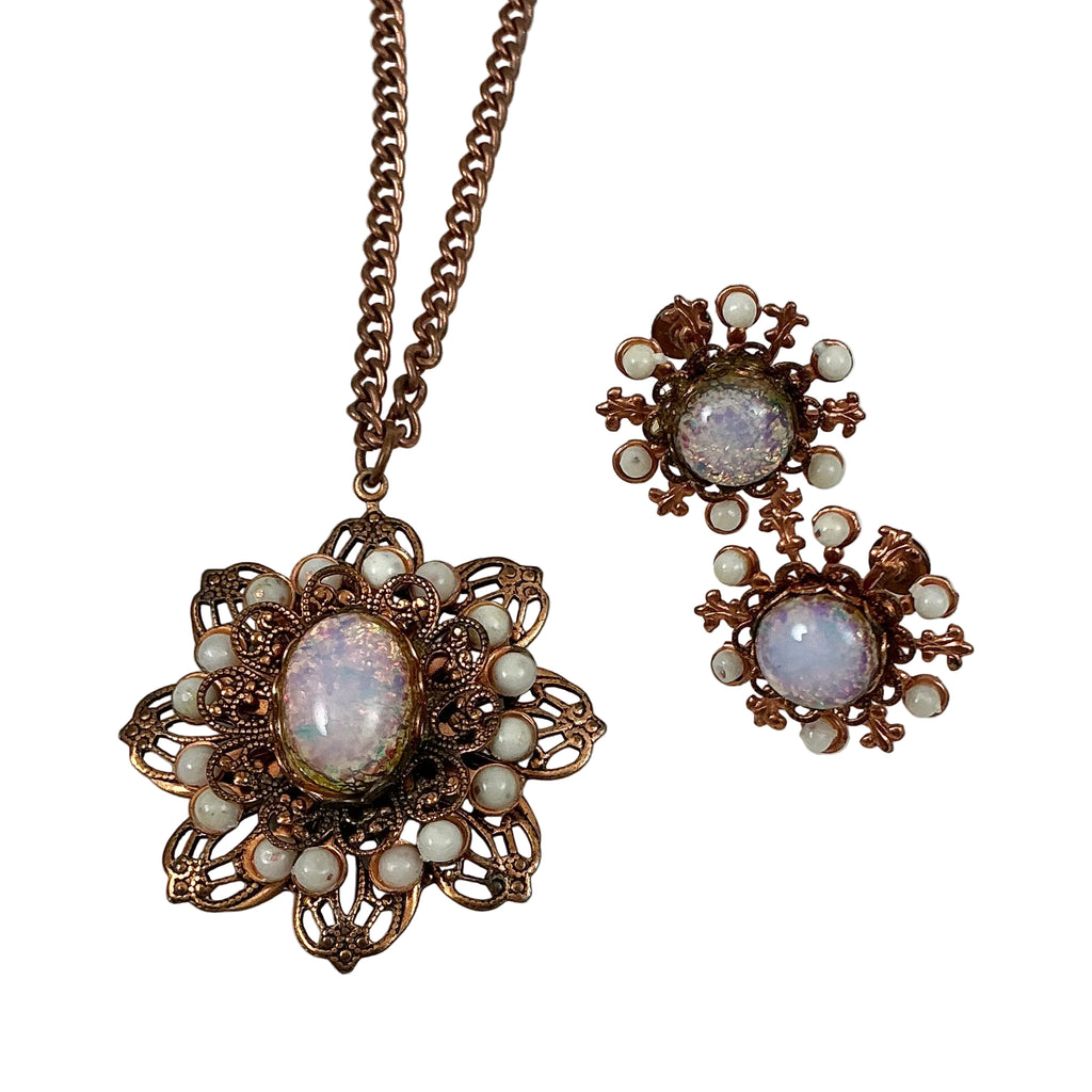 Vintage Copper & Opal Glass Necklace Earring Set 1950's