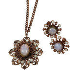 Vintage Copper & Opal Glass Necklace Earring Set 1950's