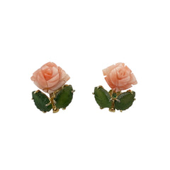 Carved Pink Coral & Jade Gold Vintage Earrings