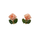 Carved Pink Coral & Jade Gold Vintage Earrings