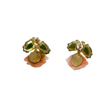 Carved Pink Coral & Jade Gold Vintage Earrings