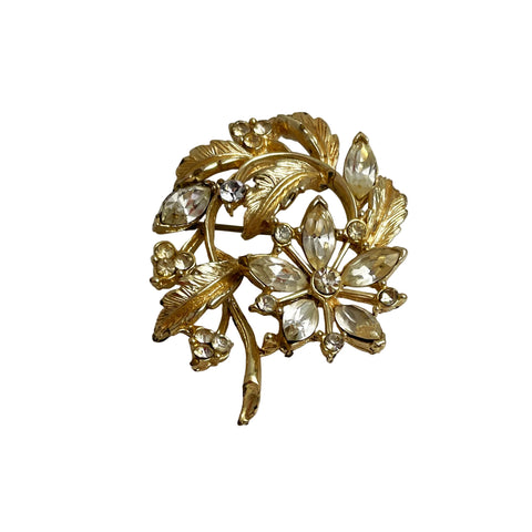 Coro Rhinestone Floral Brooch Vintage Signed