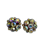 Rhinestone Crystal AB Cluster Clip On Earrings 1960's Vintage