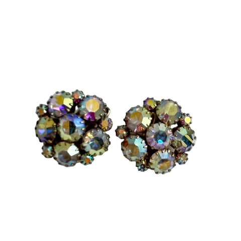 Rhinestone Crystal AB Cluster Clip On Earrings 1960's Vintage