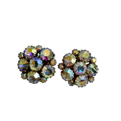 Rhinestone Crystal AB Cluster Clip On Earrings 1960's Vintage