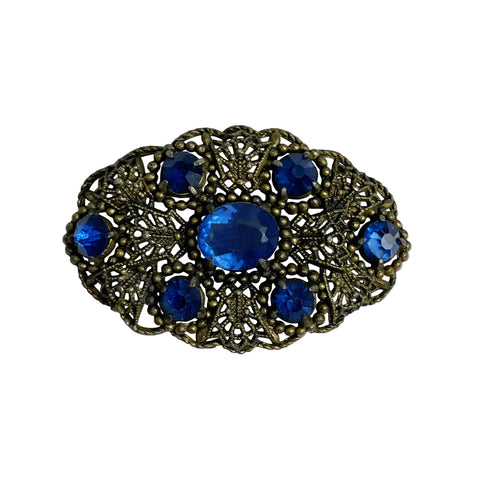 Art Deco Czech Filigree Pin Blue Rhinestones Czechoslovakia