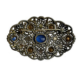 Art Deco Czech Filigree Pin Blue Rhinestones Czechoslovakia