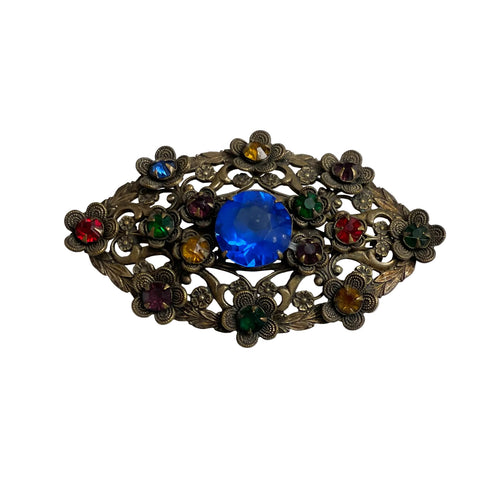 Art Deco Czech Filigree Pin Colorful Rhinestones Czechoslovakia
