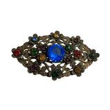 Art Deco Czech Filigree Pin Colorful Rhinestones Czechoslovakia
