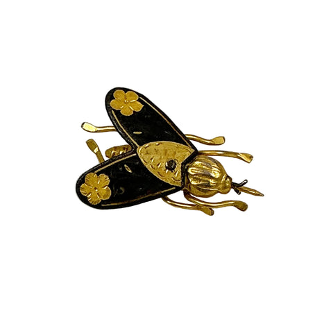 Gold & Black Damascene Insect Brooch Vintage