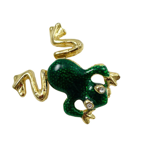 Green Enamel Trembler Frog Brooch Vintage