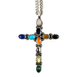 Large Sterling Gemstone Cross Necklace Signed LB
