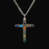 Large Sterling Gemstone Cross Necklace Signed LB Native American