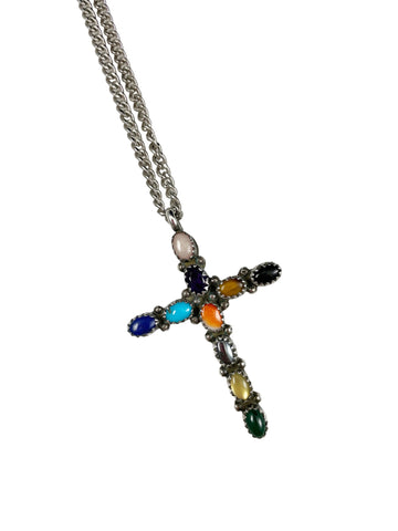 Large Sterling Gemstone Cross Necklace Signed LB