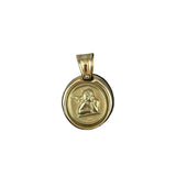  gold pendsnt featuring a detailed, raised relief of a resting angel framed by a polished circular bezel.