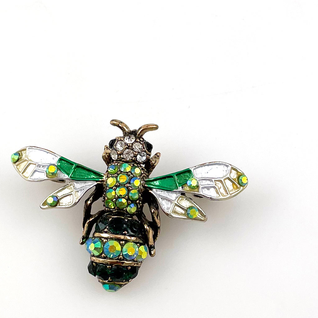 Green Enamel Rhinestone Bee Brooch