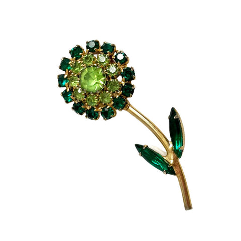 Green Rhinestone Floral Brooch Vintage